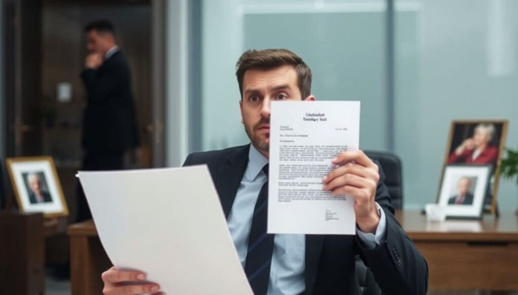 A professional employee looks stunned while holding a termination letter, with a framed photo of a loved one on their desk.