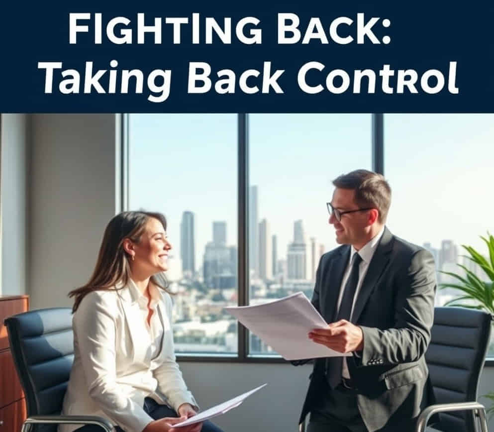A lawyer explains legal documents to a client in a modern office with a Los Angeles cityscape in the background.