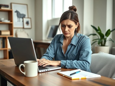 Professional woman reading an email marked “Please report to HR,” with a concerned look.