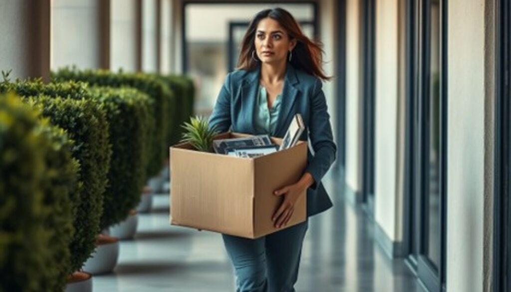 Employee walking out of office building holding a cardboard box after layoff.