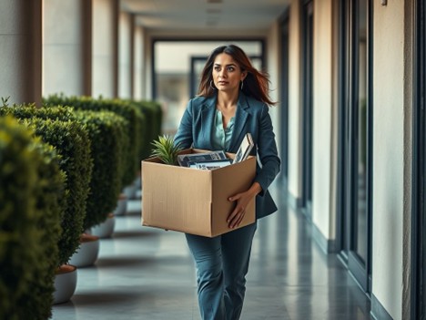 Employee walking out of office building holding a cardboard box after layoff.