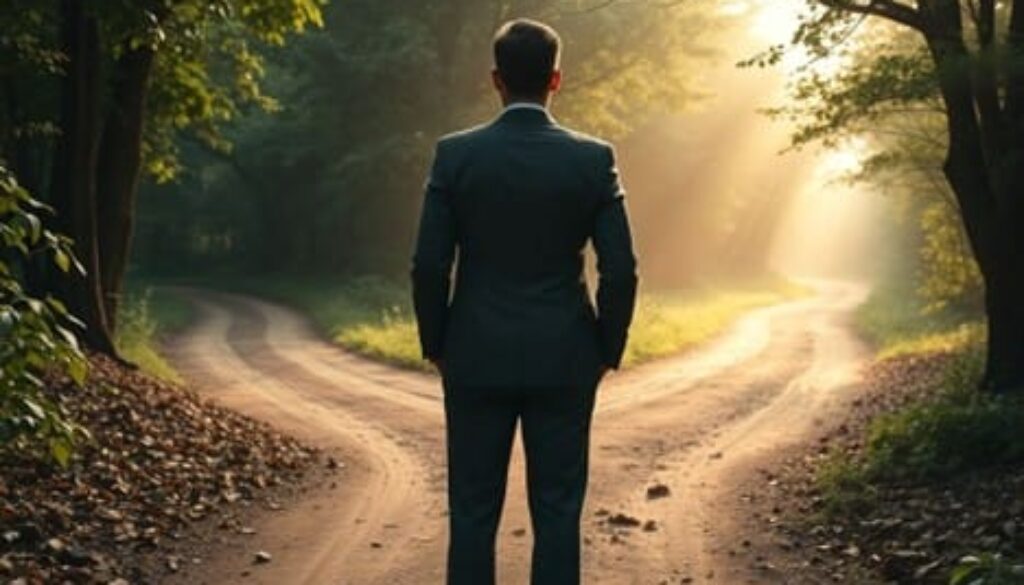 A professional stands at a fork in a wooded trail, symbolizing decision-making between litigation and settlement.
