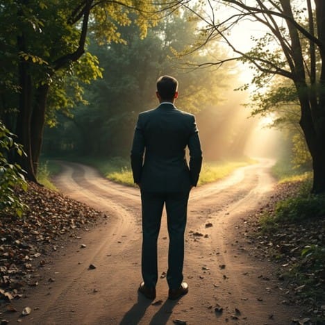 A professional stands at a fork in a wooded trail, symbolizing decision-making between litigation and settlement.