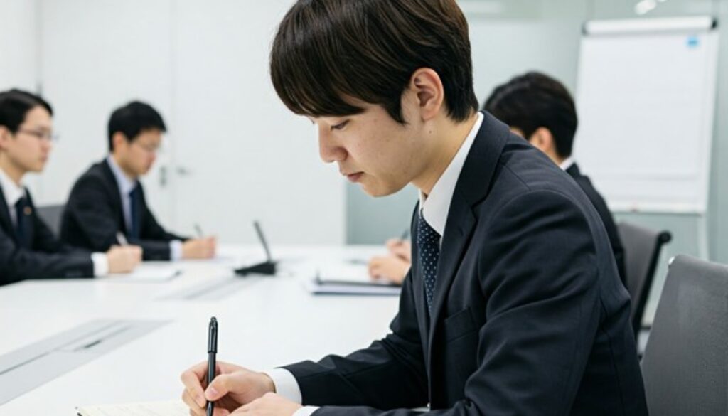 Employee taking notes during a meeting, reflecting the importance of documenting workplace conversations in a neutral and factual manner.