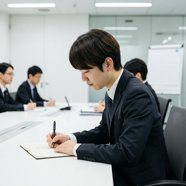 Employee taking notes during a meeting, reflecting the importance of documenting workplace conversations in a neutral and factual manner.