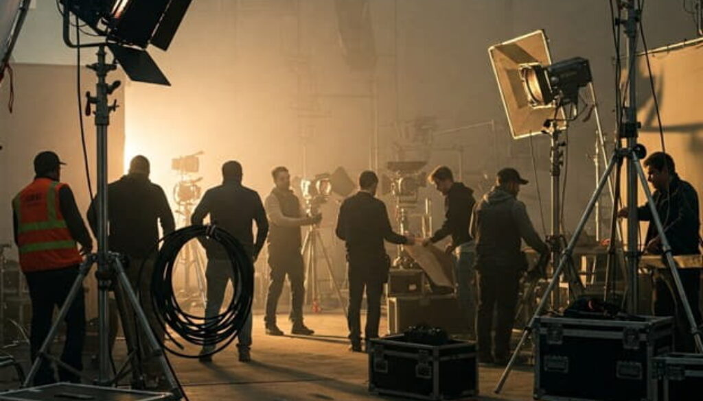 Film crew wrapping up equipment on a production set at dusk, illustrating the temporary nature of film industry jobs.