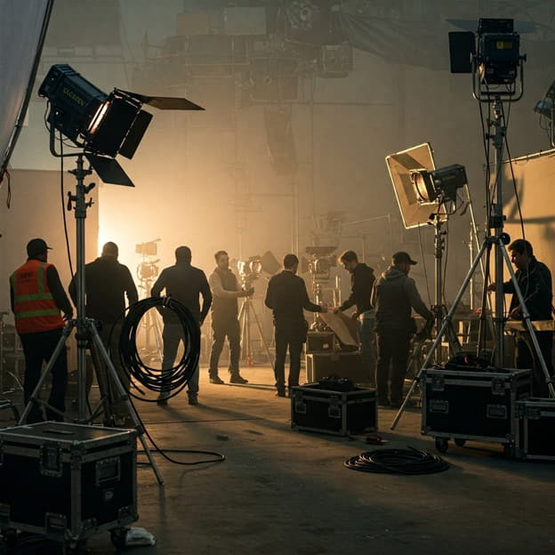 Film crew wrapping up equipment on a production set at dusk, illustrating the temporary nature of film industry jobs.