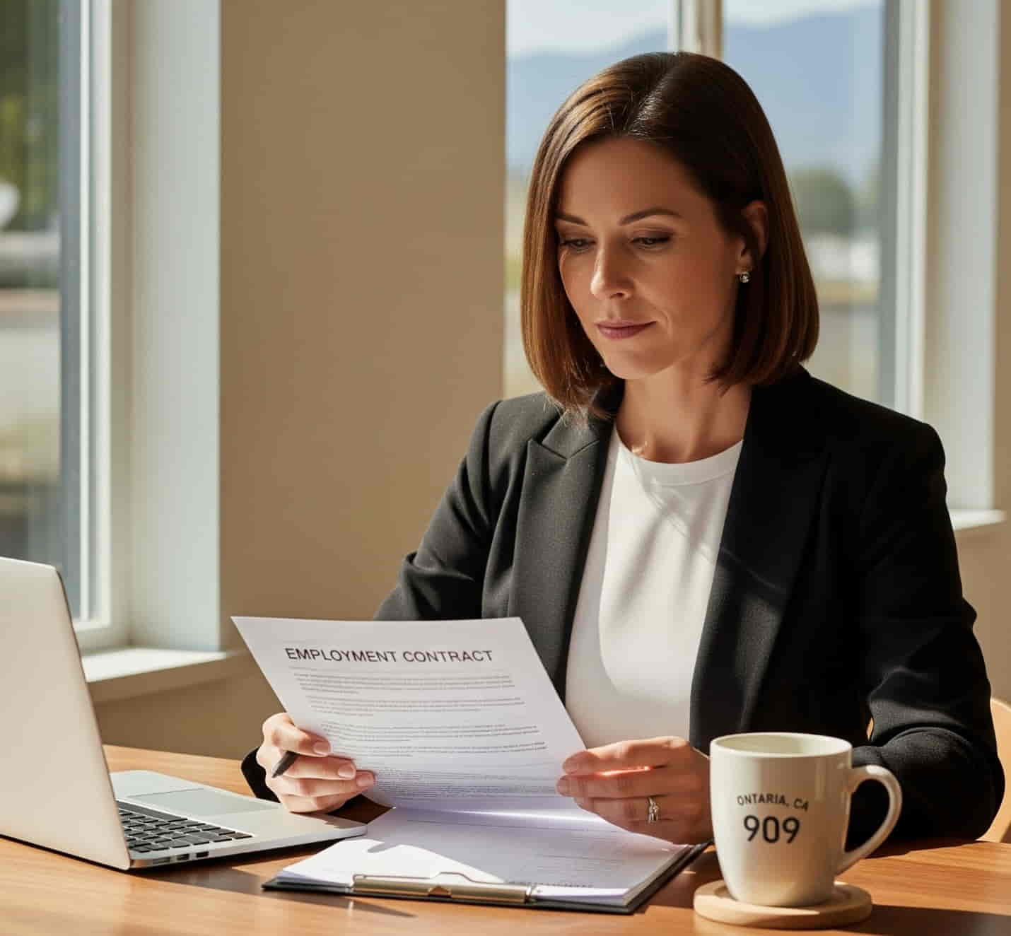Professional reviewing an employment contract at a desk in Ontario, California.