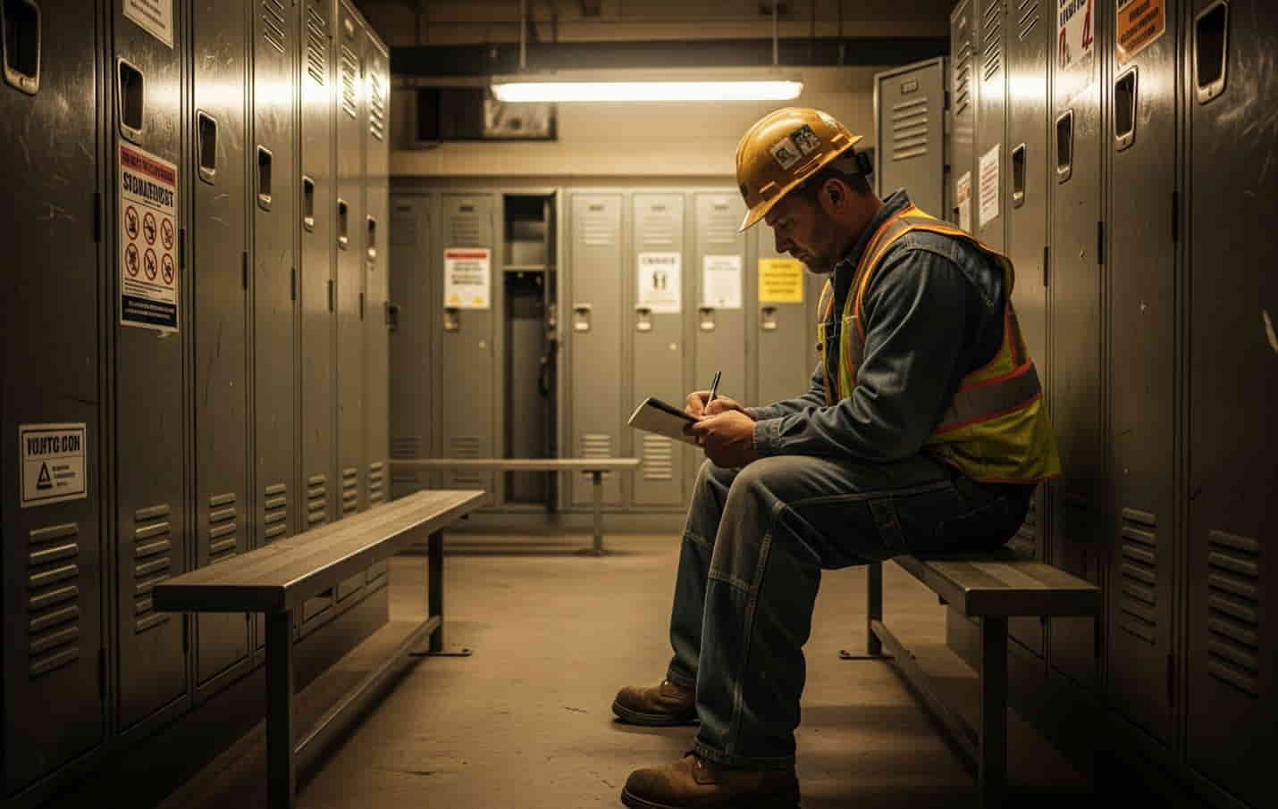Industrial worker writing notes in a locker room after shift.